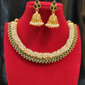 Majestic Pearl and Green Stone Necklace Set