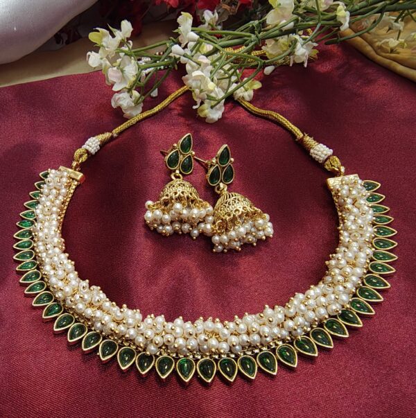 Majestic Pearl and Green Stone Necklace Set - Image 5