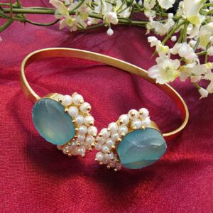 Pearl-Embellished Dual Stone Open Cuff Bracelet - Free Size