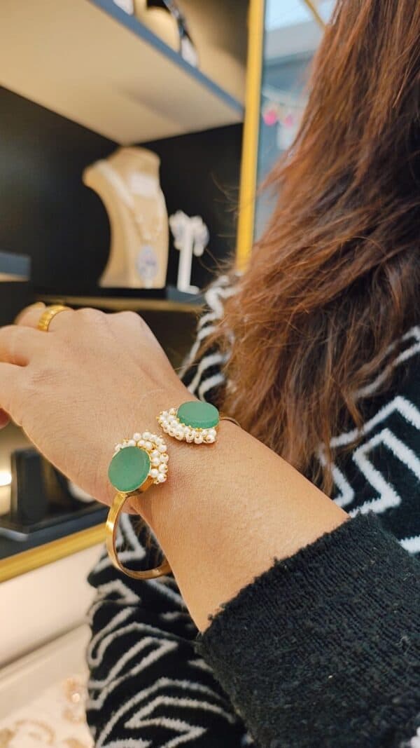 Pearl-Embellished Dual Stone Open Cuff Bracelet - Free Size - Image 5