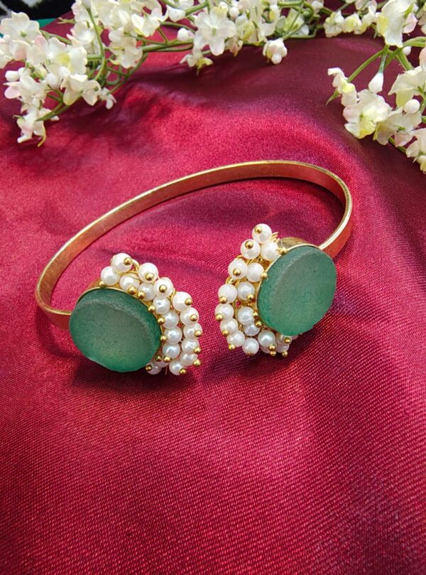 Pearl-Embellished Dual Stone Open Cuff Bracelet - Free Size - Image 4