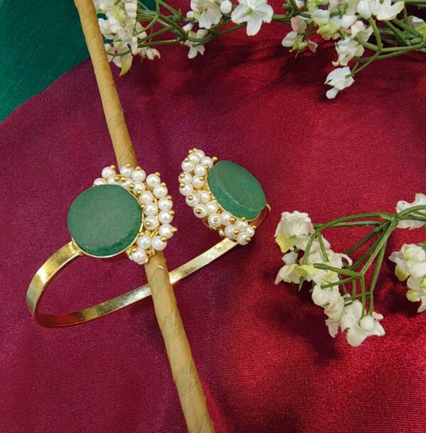 Pearl-Embellished Dual Stone Open Cuff Bracelet - Free Size - Image 6