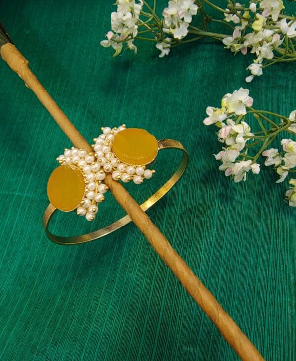 Pearl-Embellished Dual Stone Open Cuff Bracelet - Free Size - Image 12