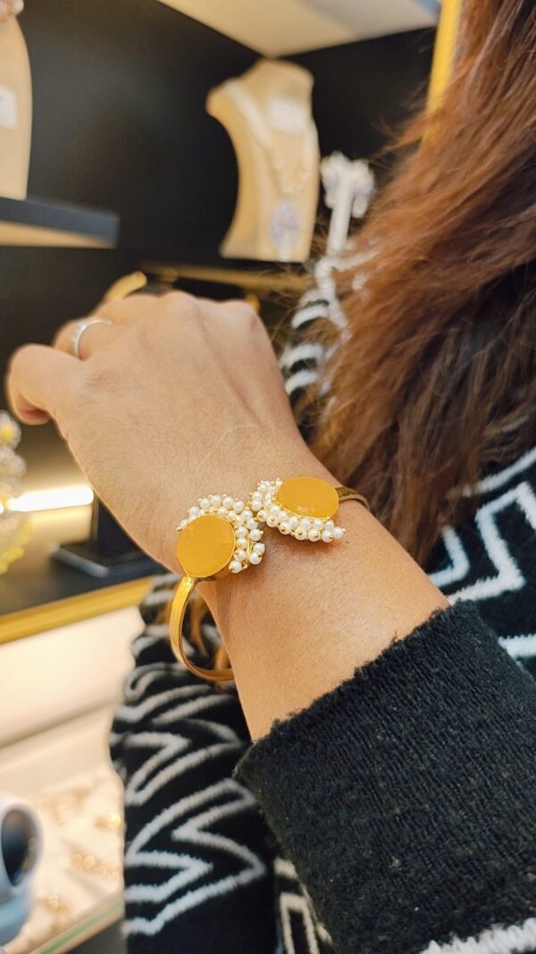 Pearl-Embellished Dual Stone Open Cuff Bracelet - Free Size - Image 11