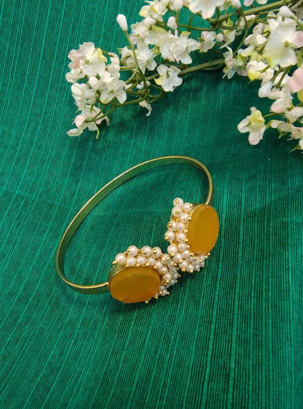 Pearl-Embellished Dual Stone Open Cuff Bracelet - Free Size - Image 10