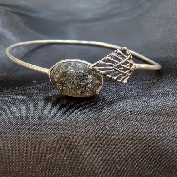Smoky Oval Stone Feather Open Cuff Bracelet