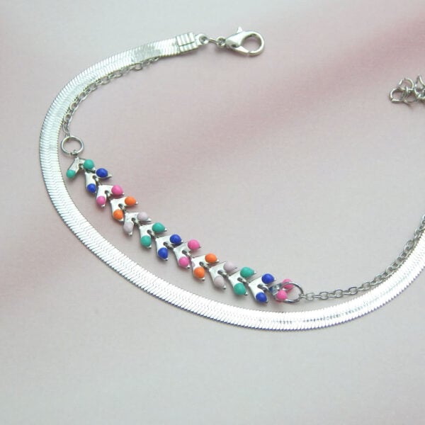 Silver floral chain bracelet with multicolor beads and daisy charms
