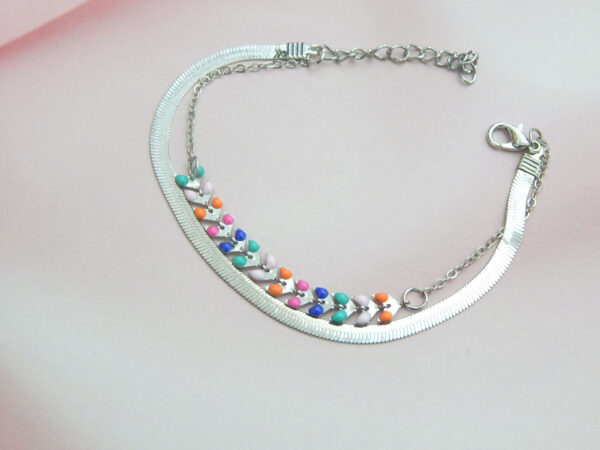 Silver floral chain bracelet with multicolor beads and daisy charms