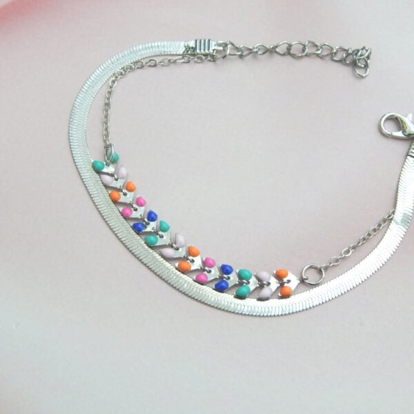 Silver floral chain bracelet with multicolor beads and daisy charms