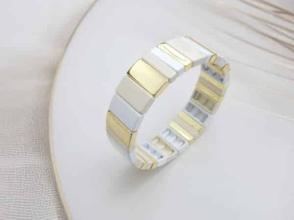 Gold tile stretch bracelet in cream gold — white and cream tiles with gold accent tiles