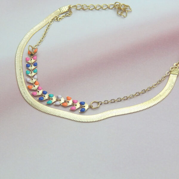Gold chain bracelet with multicolor beads and floral charms