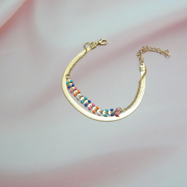 Gold chain bracelet with multicolor beads and floral charms