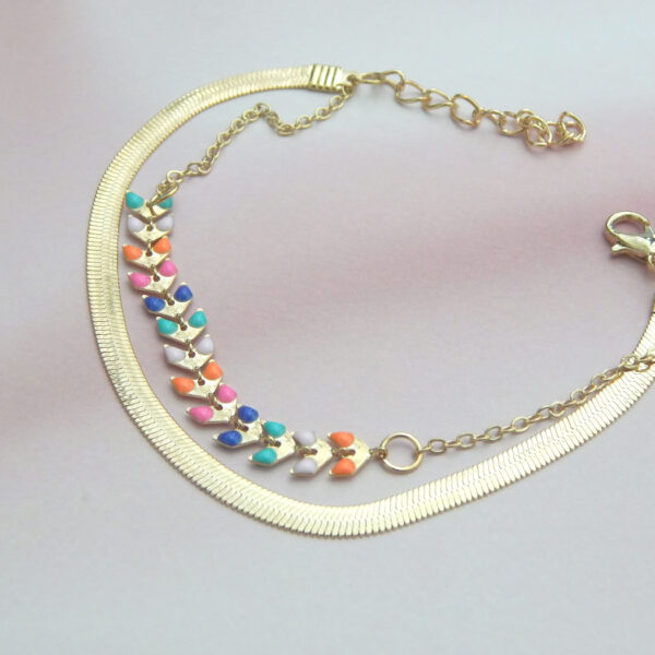 Gold chain bracelet with multicolor beads and floral charms