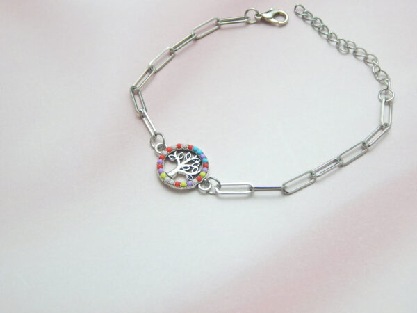 Silver link bracelet with red enamel tree charm
