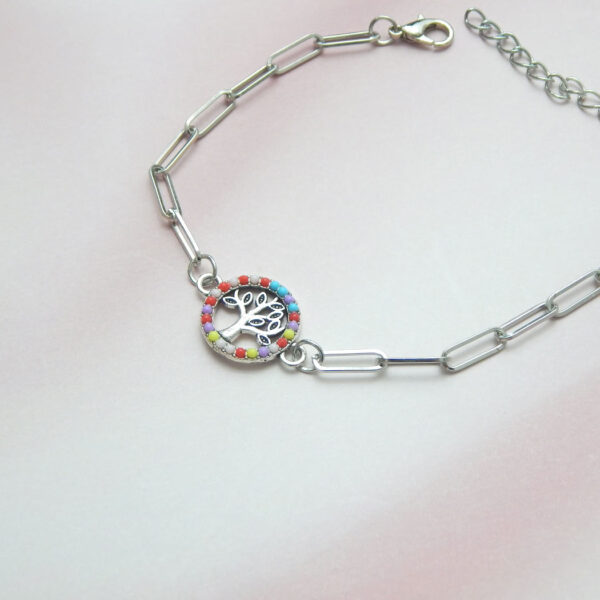 Silver link bracelet with red enamel tree charm