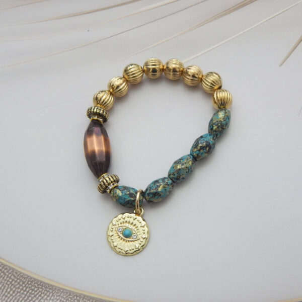 Set of 5 aqua blue, gold and maroon beaded bracelets with tassel and coin charm – Royal Reflection DS