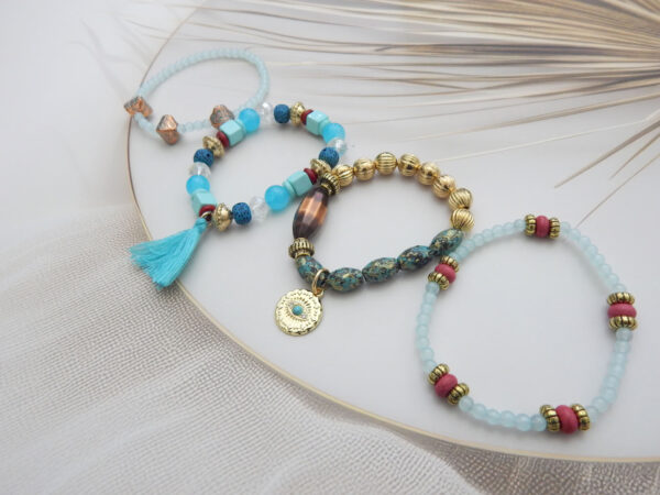 Set of 5 aqua blue, gold and maroon beaded bracelets with tassel and coin charm – Royal Reflection DS