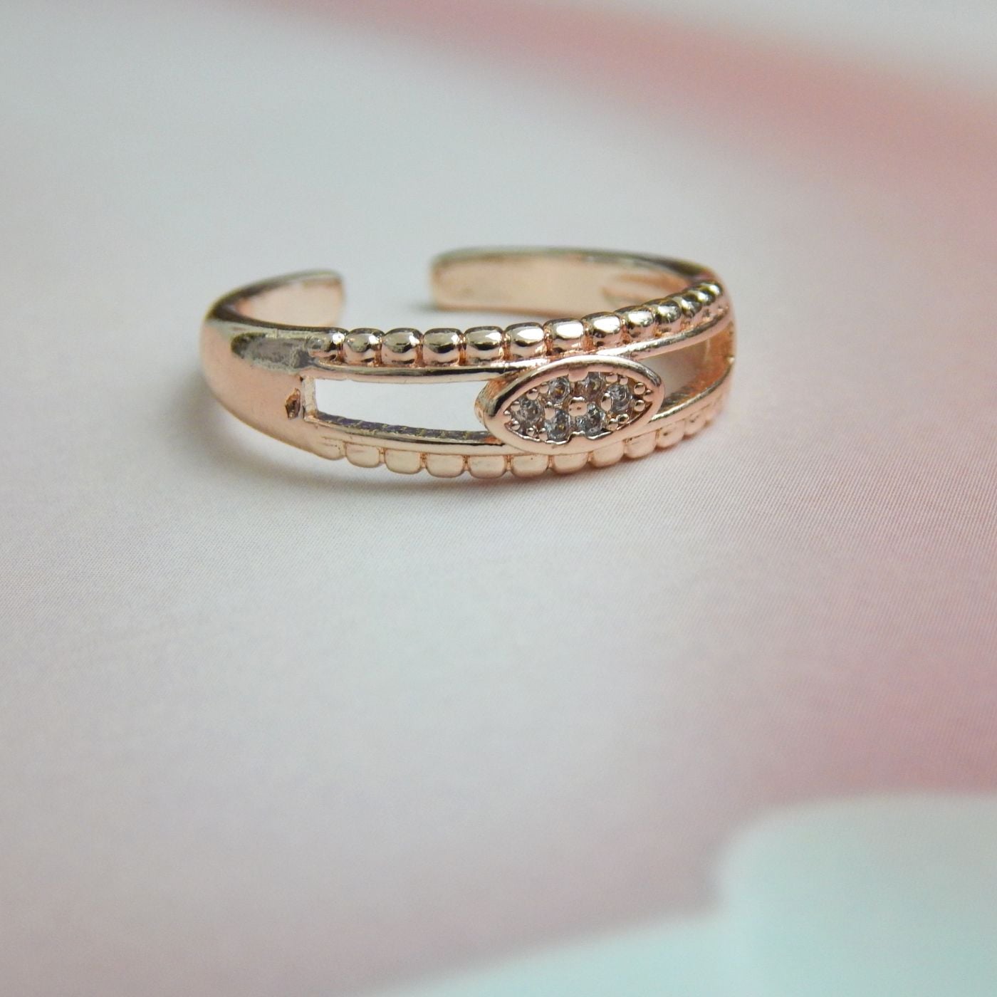 Beaded Navette Adjustable Ring with Crystal Center and Rose Gold Finish – Royal Reflection DS