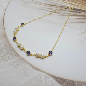 Blue Stone, White Pearls, Elegant Necklace, Gold Finish, Traditional Jewelry, Party Wear, Necklace Only, Royal Reflection DS