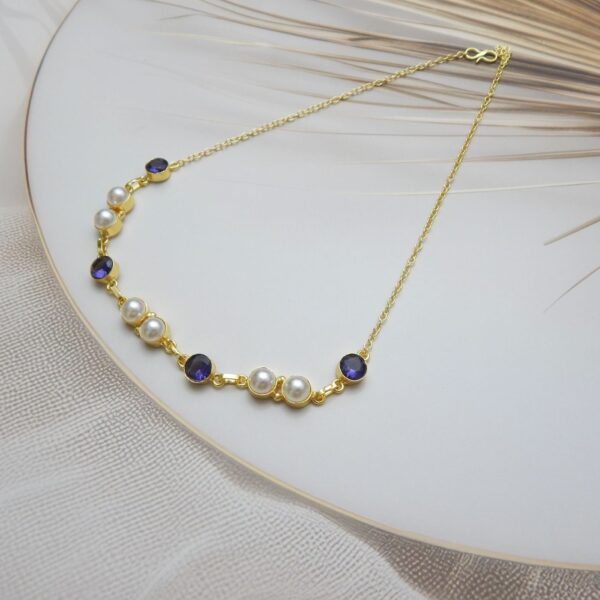 Blue Stone, White Pearls, Elegant Necklace, Gold Finish, Traditional Jewelry, Party Wear, Necklace Only, Royal Reflection DS