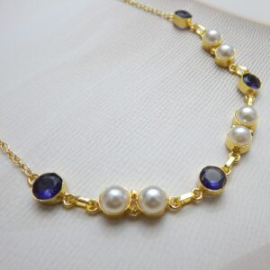 Blue Stone, White Pearls, Elegant Necklace, Gold Finish, Traditional Jewelry, Party Wear, Necklace Only, Royal Reflection DS