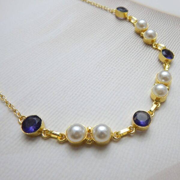 Blue Stone, White Pearls, Elegant Necklace, Gold Finish, Traditional Jewelry, Party Wear, Necklace Only, Royal Reflection DS