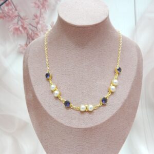 Blue Stone, White Pearls, Elegant Necklace, Gold Finish, Traditional Jewelry, Party Wear, Necklace Only, Royal Reflection DS