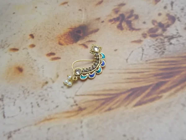 Blue enamel Nath with pearl cluster drops and gold finish – traditional festive nose pin under ₹60