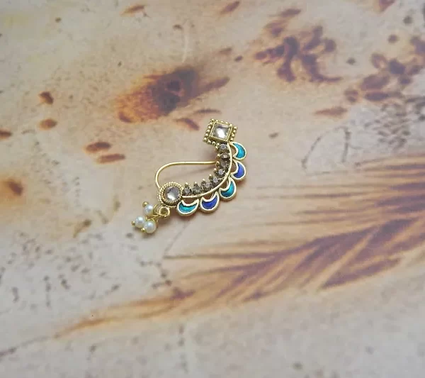 Blue enamel Nath with pearl cluster drops and gold finish – traditional festive nose pin under ₹60
