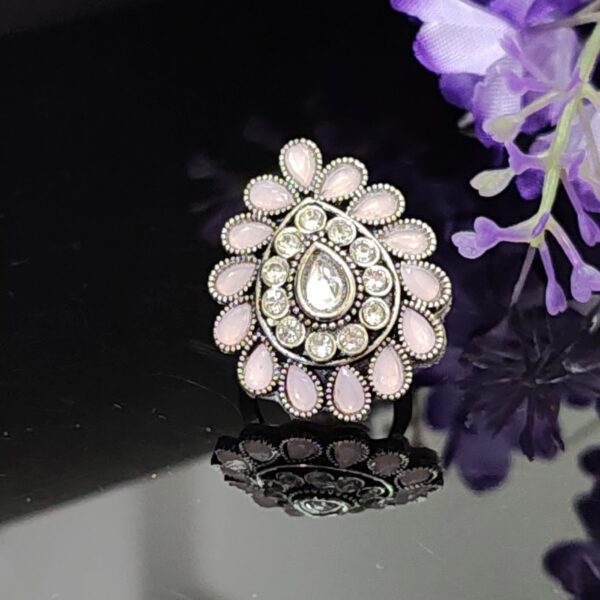 Blush Drop Light Pink Statement Ring with Teardrop Crystal Center and Antique Silver Finish – Royal Reflection DS