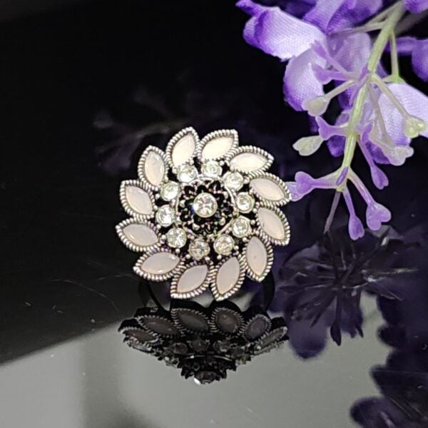 Blush Mirage Oxidised Floral Ring with Almond Pink Stones and Crystal Halo – Royal Reflection DS
