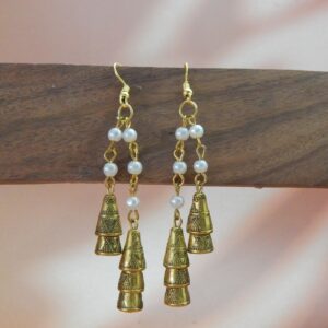 Traditional Brass Bell Drop Earrings with Pearl Chain Accents – Royal Reflection DS