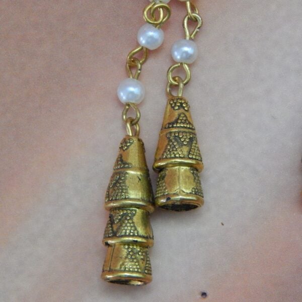 Traditional Brass Bell Drop Earrings with Pearl Chain Accents – Royal Reflection DS