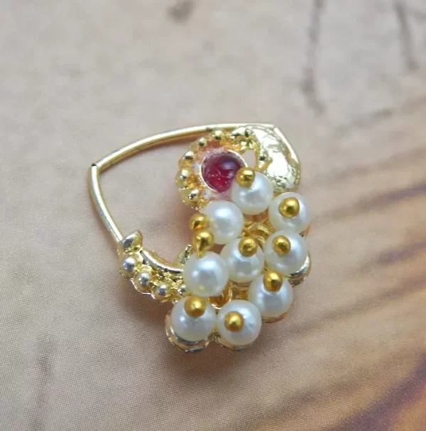 Golden Nath with white pearl cluster and pink stone – imitation nose ring under ₹70