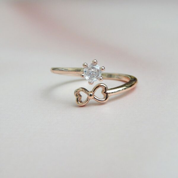 Crystal Bow Open Ring with Solitaire Stone and Gold-Tone Adjustable Band – Royal Reflection DS