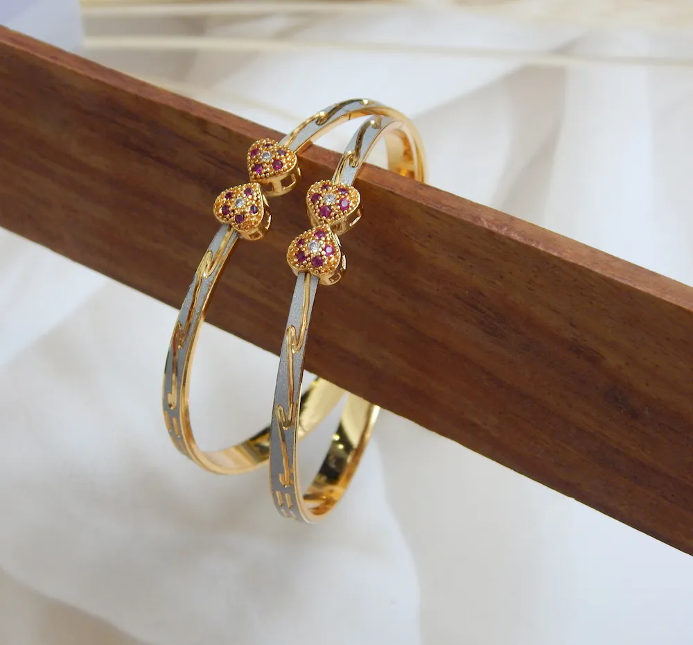 Crystal Heart Duo Gold-Plated Kada with Multicolor Stones and Dual-Tone Finish – Royal Reflection DS