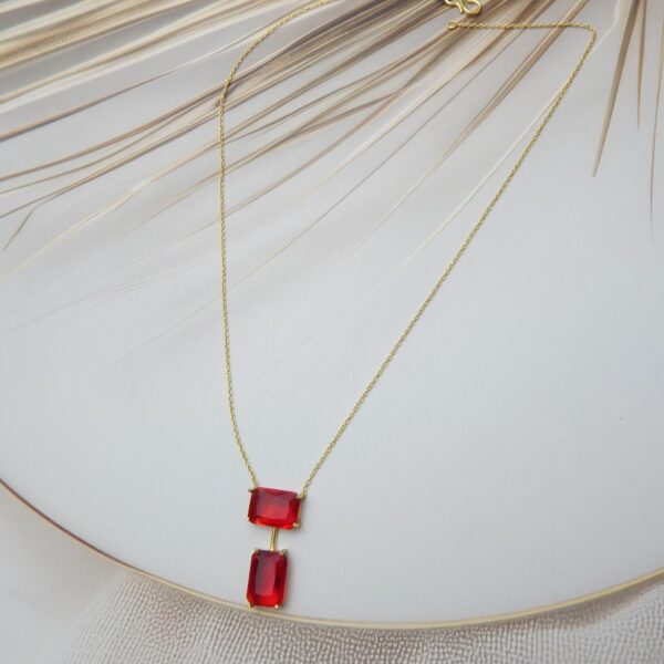 Gold-Toned Necklace with Twin Rectangular Red Stones – Royal Reflection DS