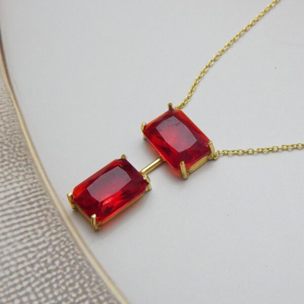 Gold-Toned Necklace with Twin Rectangular Red Stones – Royal Reflection DS