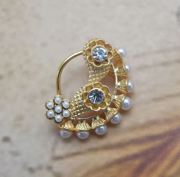 Golden imitation Nath with twin floral design, white stones, and pearl fringe under ₹70