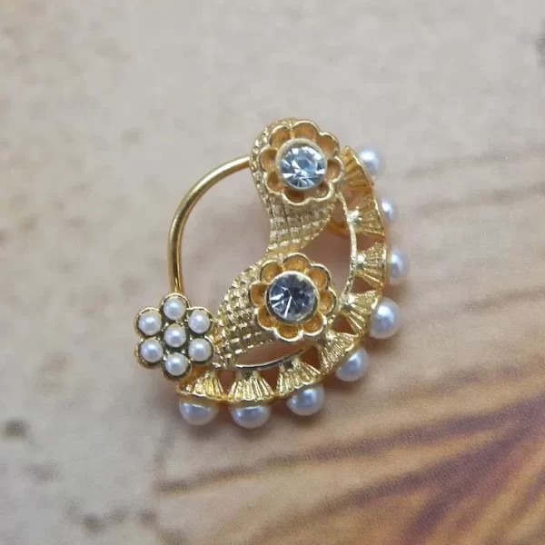 Golden imitation Nath with twin floral design, white stones, and pearl fringe under ₹70