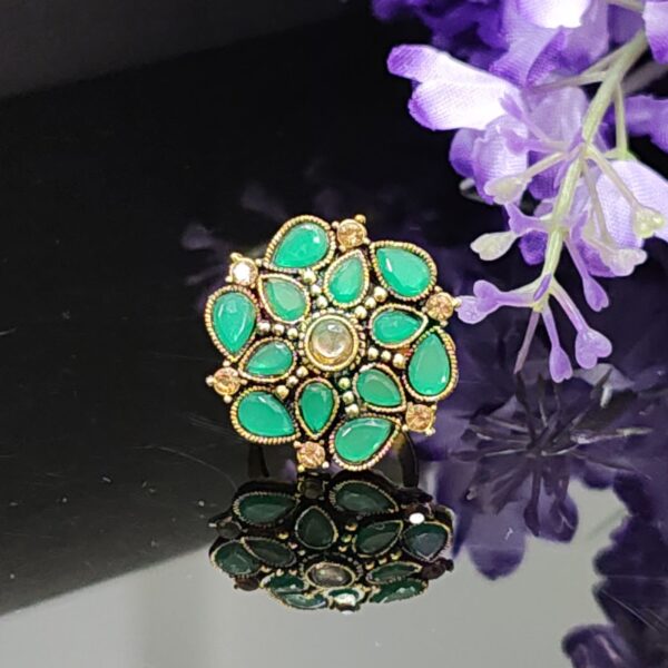Antique Gold Green Gemstone Floral Ring with Crystal Accents – Royal Reflection DS