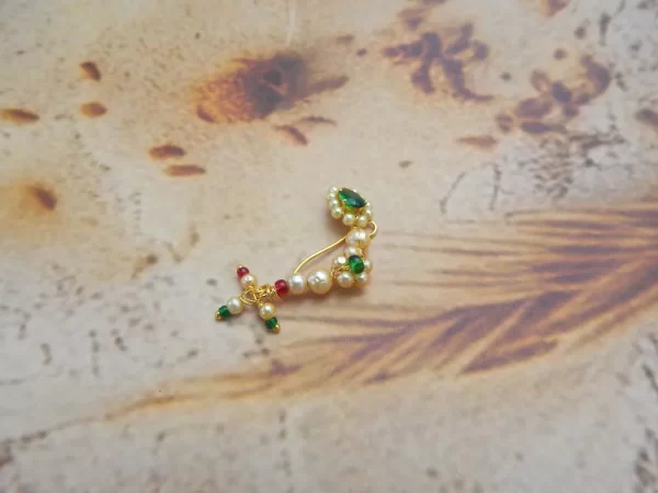 Emerald pearl nath with green stones, white pearls, and triple bead dangler – imitation traditional nose ring under ₹80
