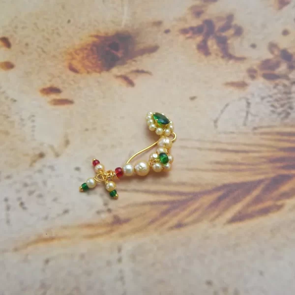 Emerald pearl nath with green stones, white pearls, and triple bead dangler – imitation traditional nose ring under ₹80