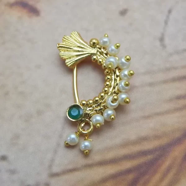 Fan motif imitation Nath with pearl border and green stone under ₹70