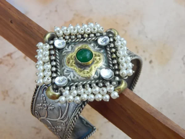 Oxidised silver Afghani cuff bracelet with Kundan centrepiece and pearl bead fringe