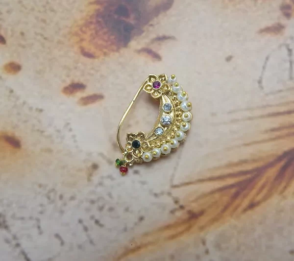 Floral pearl Nath with gold-toned curve and multicolor stones – traditional nose pin under ₹60