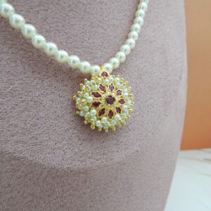 Floral Pearl Necklace with Circular Ruby and Gold Pendant – Royal Reflection DS