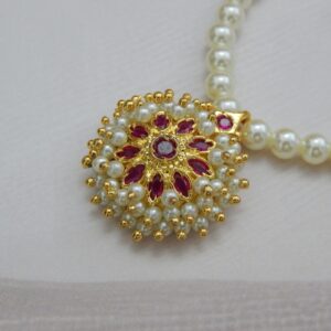 Floral Pearl Necklace with Circular Ruby and Gold Pendant – Royal Reflection DS