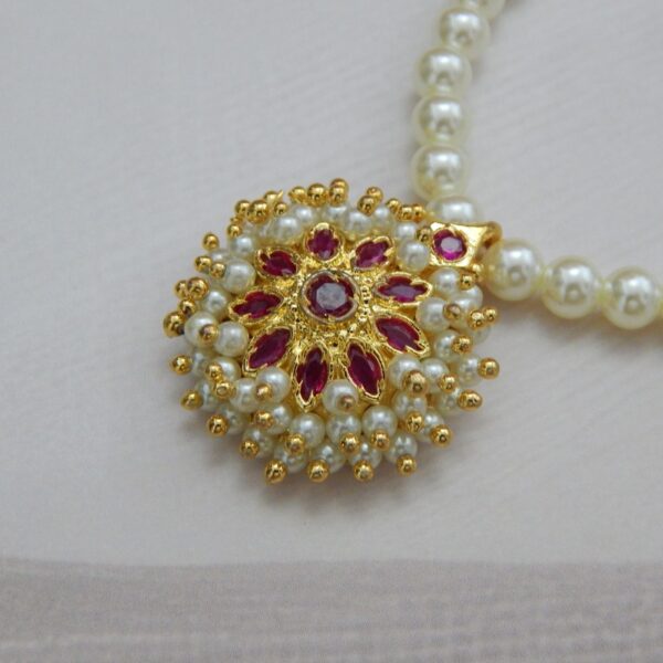 Floral Pearl Necklace with Circular Ruby and Gold Pendant – Royal Reflection DS