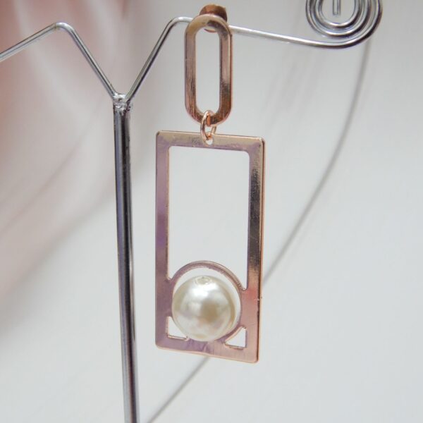 Geometric Brass Rectangle Earrings with Pearl Accent in Rose Gold – Royal Reflection DS